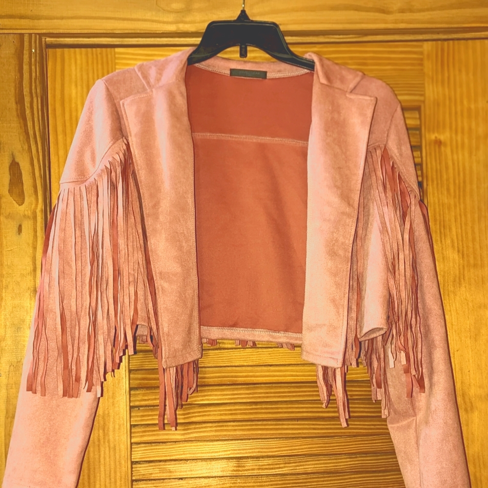 Boutique style faux pink suede crop jacket.